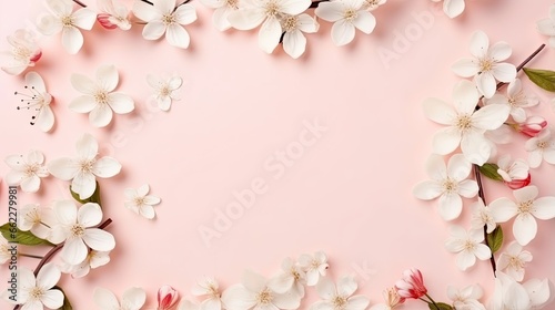  a pink background with white flowers and leaves on the corner.  generative ai © Shanti