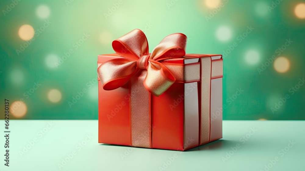 a red gift box with a bow on a green background. generative ai a red gift box with a bow on a green background. generative ai