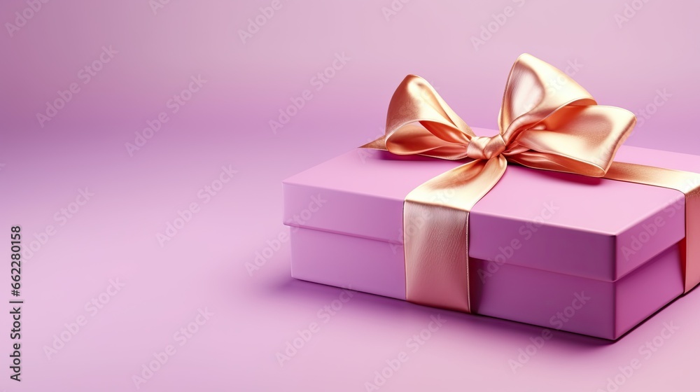 a pink gift box with a gold bow on a pink background. generative ai a pink gift box with a gold bow on a pink background. generative ai