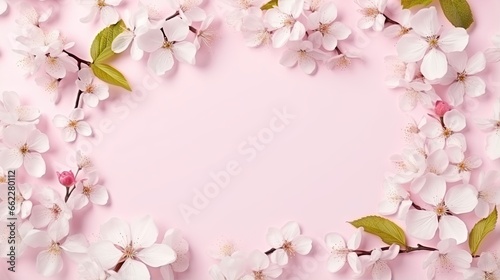  a pink background with white flowers and green leaves on it. generative ai