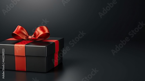  a black and red gift box with a red ribbon on it. generative ai