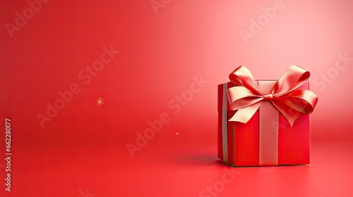  a red gift box with a bow on a red background. generative ai