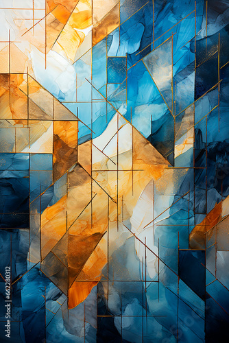 Abstract texture  blue  yellow and gold colors. Watercolor drawing  mosaic background.