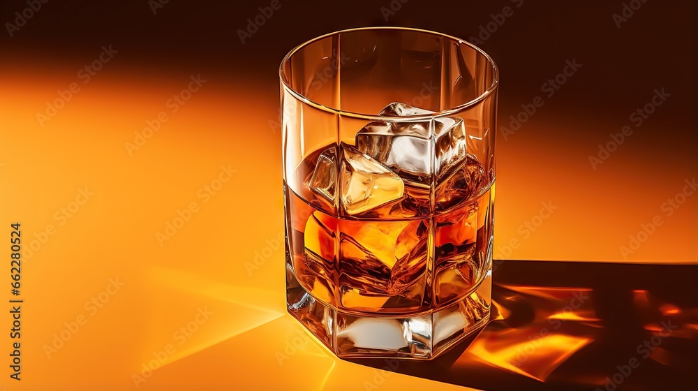  a glass of whiskey with ice cubes on a yellow background.  generative ai - obrazy, fototapety, plakaty 