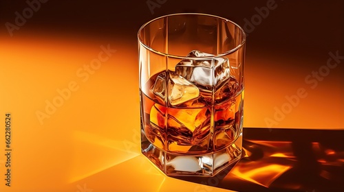  a glass of whiskey with ice cubes on a yellow background.  generative ai photo