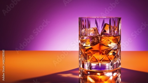  a glass of whiskey with ice cubes on a table.  generative ai