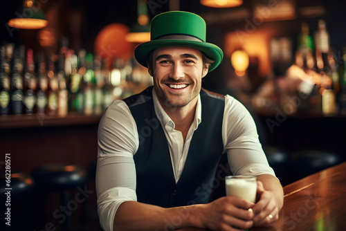 Young smiling man in work clothes and costume drinking beer and celebrating after work Saint Patricks Day in a local bar, man smiling in camera, Saint Patrick's day holiday concept