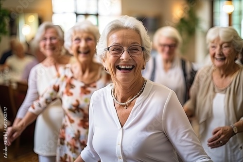 Portrait of senior people dancing exercise in the gym background.