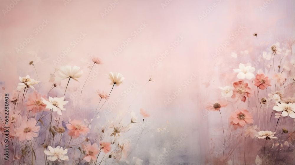  a painting of pink and white flowers on a pink background.  generative ai