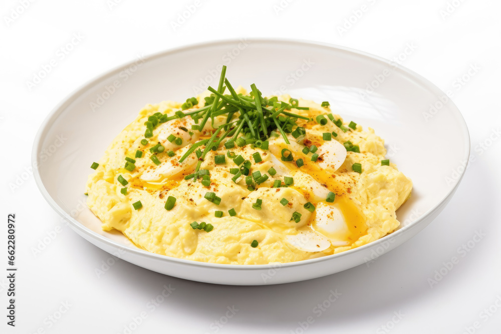 Dish of Scrambled eggs on a white background