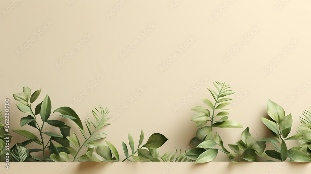  a row of green leaves on a beige wall with a beige background.  generative ai