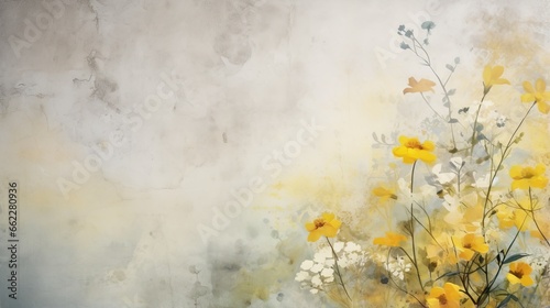  a painting of yellow and white flowers on a gray background.  generative ai