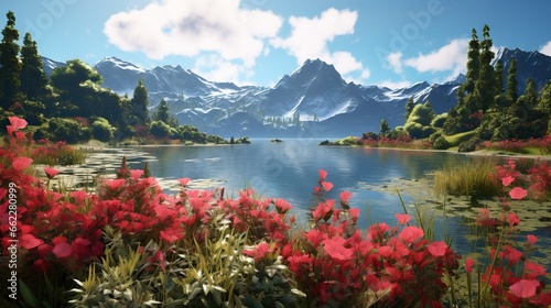  a painting of a mountain lake surrounded by flowers and trees. generative ai