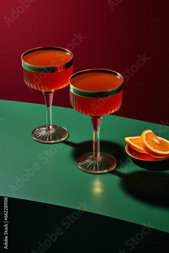 Amidst the festive chaos of a christmas table, two vibrant glasses of orange liquid beckon with promises of indulgent refreshment, adorned with slices of juicy citrus and perched elegantly on stemwar