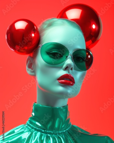 A vibrant woman, adorned with red and green glasses, balances two balls atop her head while sporting a daring shade of lipstick, her fashion sense as surreal as the mannequin and doll-like sunglasses