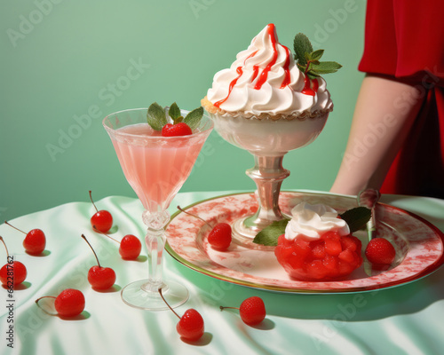 Indulging in the holiday spirit, a person savors the decadent sweetness of a table filled with creamy desserts and juicy strawberries, while the vibrant colors of the fruit contrast the table