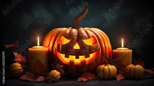  a carved pumpkin surrounded by candles on a dark background with leaves. generative ai