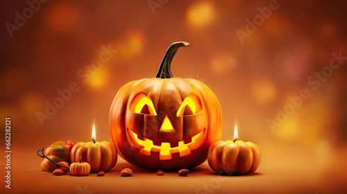  a jack o lantern pumpkin surrounded by pumpkins on a table.  generative ai