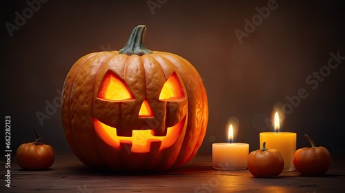  a carved pumpkin sitting next to candles on a wooden table. generative ai