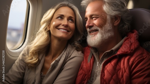 Senior couple on an airplane ready for vacation, beautiful stylish mature caucasian traditional couple enjoying a trip to a vacation in europe, taking a flight on a plane. retirement activity concept © ND STOCK