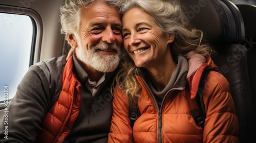 Senior couple on an airplane ready for vacation, beautiful stylish mature caucasian traditional couple enjoying a trip to a vacation in europe, taking a flight on a plane. retirement activity concept © ND STOCK