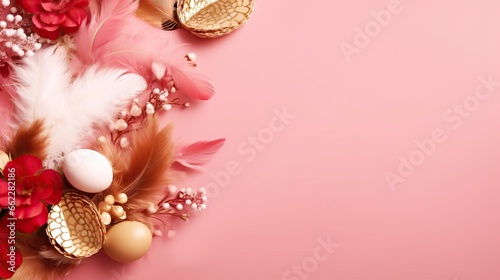  a pink background with feathers  flowers and eggs on it.  generative ai