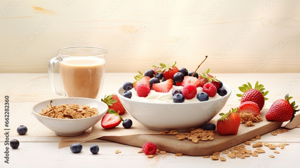 a bowl of yogurt, strawberries, blueberries, and strawberries next to a glass of milk. generative ai a bowl of yogurt, strawberries, blueberries, and strawberries next to a glass of milk. generative ai