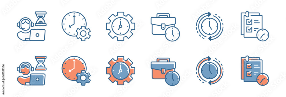 schedule time management business deadline efficiency productivity icon set target strategy work optimization clock timer vector illustration  - obrazy, fototapety, plakaty 