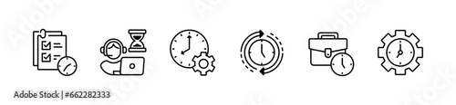 productivity working time management schedule icon line set business deadline target clock reminder gear setting illustration vector office work timer simple outline design