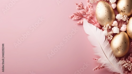  a pink background with gold eggs and a white feather on it. generative ai