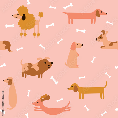 Vector pattern with cute little dog in cartoon style