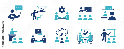 set of online course training skills human resource development icon vector seminar workshop conference teamwork learning improvement class symbol illustration