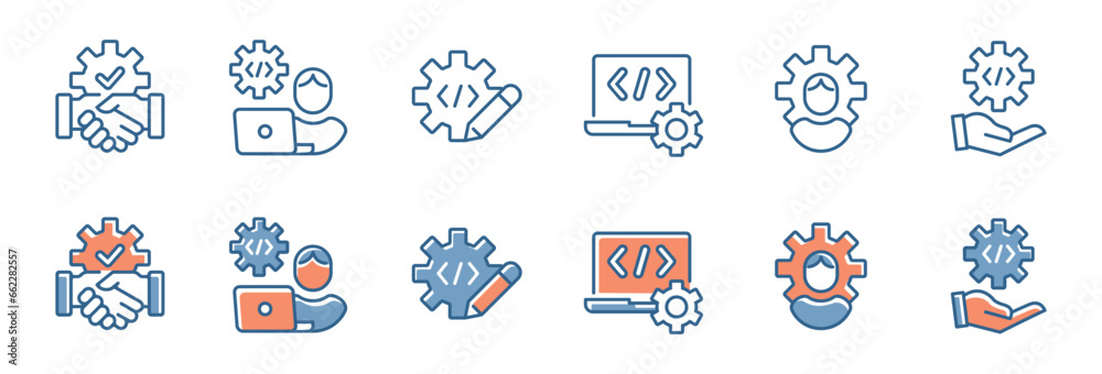 business software development coding icon set build website programming improve technology digital gear cogwheel vector illustration - obrazy, fototapety, plakaty 