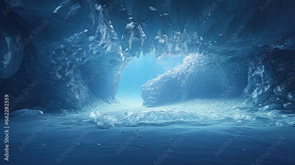  a blue cave with a light coming from the end of it.  generative ai