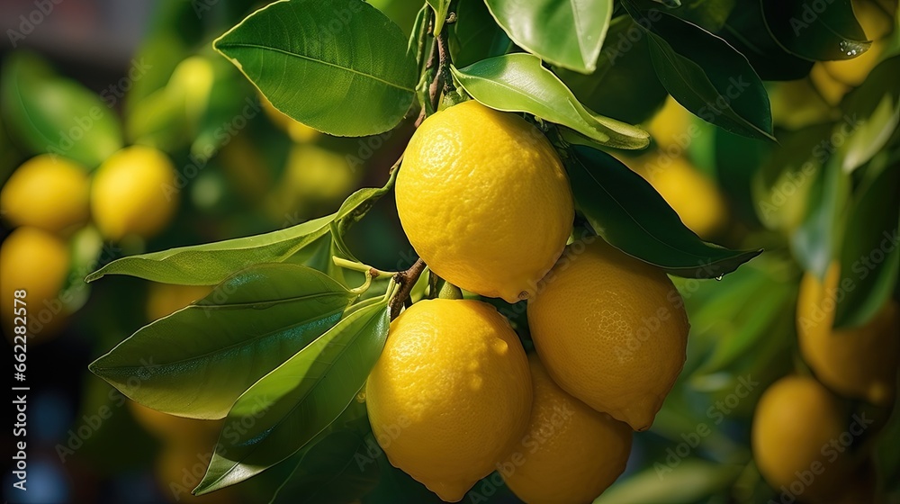  a bunch of lemons hanging from a tree with leaves.  generative ai