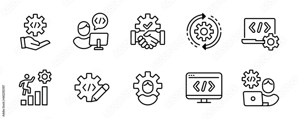 business technology development website coding gear icon set company build custom setting software programming dev improvement outline style symbol vector illustration  - obrazy, fototapety, plakaty 