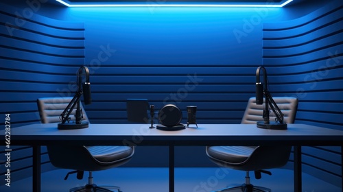 Minimalist podcast room to working in the modern podcast studio background.