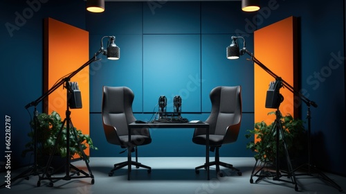 Minimalist podcast room to working in the modern podcast studio background.