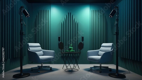 Minimalist podcast room to working in the modern podcast studio background.