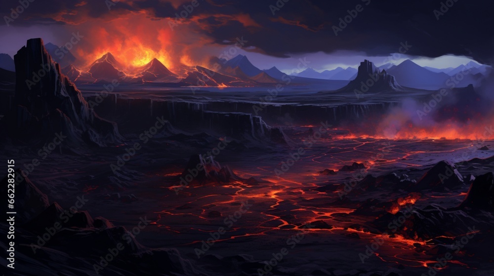 Volcanic landscape with dark, craggy rocks and flowing lava.