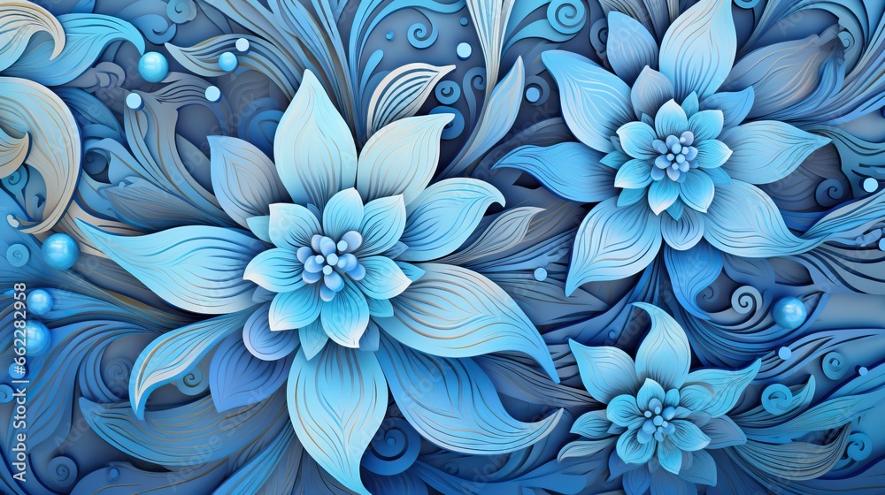  a painting of blue flowers and leaves on a blue background.  generative ai