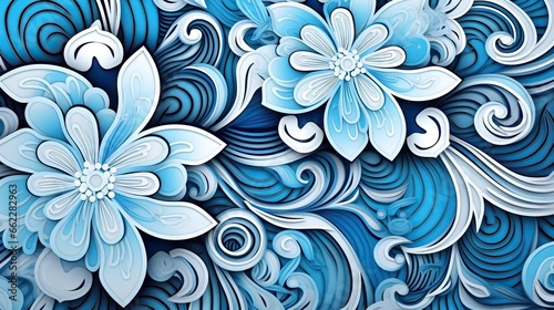  a close up of a blue and white wallpaper with flowers.  generative ai