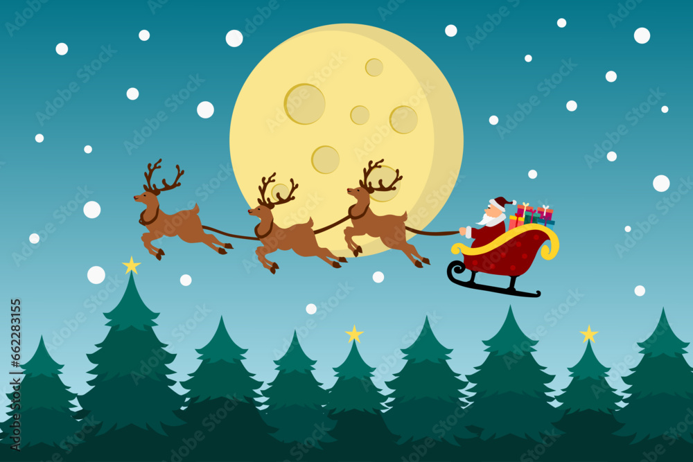 Naklejka premium Merry Christmas background with Santa Claus flying on the sky in sleigh with reindeer at night with full moon, snow, and Christmas trees. vector illustration.