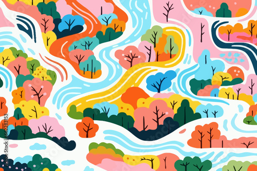 Fototapeta Naklejka Na Ścianę i Meble -  Trails and paths quirky doodle pattern, wallpaper, background, cartoon, vector, whimsical Illustration