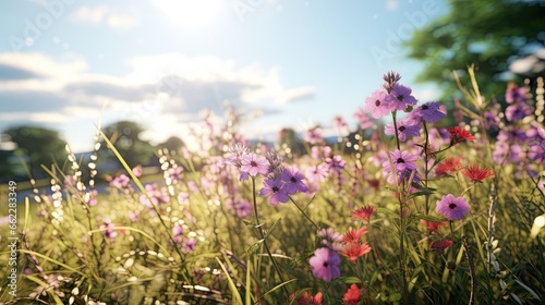  a field full of purple and pink flowers under a blue sky. generative ai