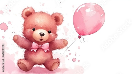  a pink teddy bear with a pink bow holding a pink balloon. generative ai