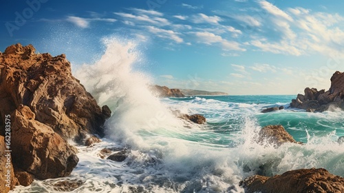 Waves crashing against a rocky coast in a Mediterranean climate.