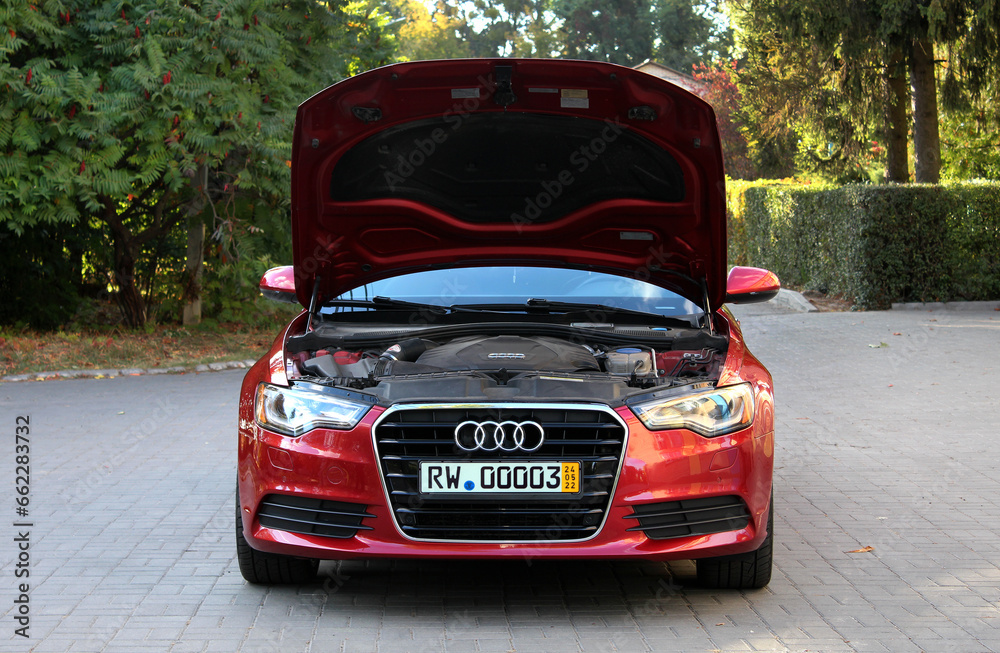 Vinnytsia, Ukraine; October 10, 2023. Red Audi A6 diesel engine. Audi