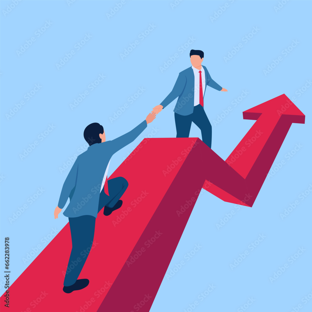 Two people help each other climb a graph that rises to the top, a metaphor for teamwork Two people help each other climb a graph that rises to the top, a metaphor for teamwork