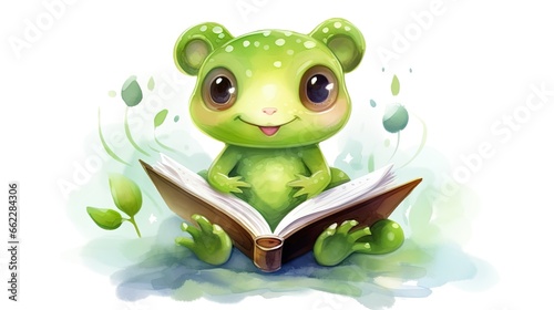  a green frog is reading a book while sitting down on the ground. generative ai